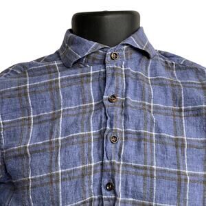 Singer Sargent Shirt Mens S Blue Plaid 100% Linen Button Up Long Sleeve Preppy
